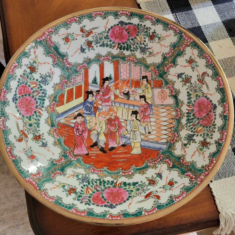 Antique Rose Medallion Charger Cake Plate Signed Asian Art Pottery